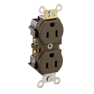 15 Amp, 125 Volt, NEMA 5-15R, 2P, 3W, Industrial Series Heavy Duty Specification Grade, Duplex Receptacle, Straight Blade, Self Grounding, Back & Side 8 Hole Feed-Thru Wired, Steel Strap, - BROWN