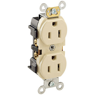 15 Amp, 125 Volt, Industrial Series Heavy Duty Specification Grade, Duplex Receptacle, Straight Blade, Self Grounding, Ivory