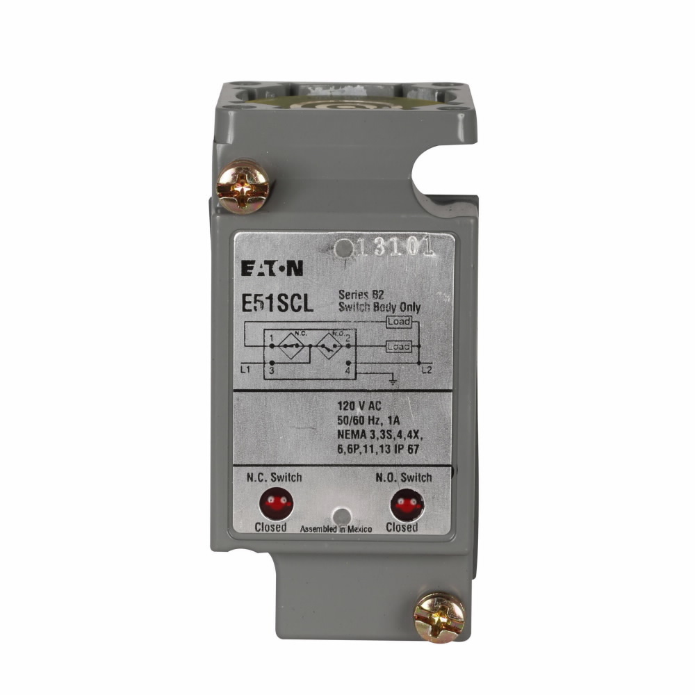 Eaton E51 NEMA limit switch inductive proximity sensor, Assembled Inductive Proximity Sensor, E51 Modular, Assembly, Output ON (1 LED per output), 1.0 A solid state output, L1 switched, 120V