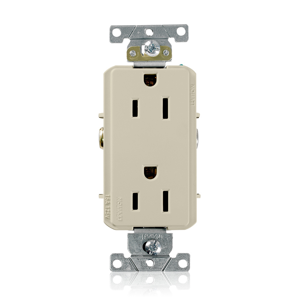 15 Amp, 125 Volt, NEMA 5-15R, 2P, 3W, Decora Plus Duplex Receptacle, Straight Blade, Commercial Grade, Self Grounding, , , Back & Side Wired, Steel Strap, - IVORY