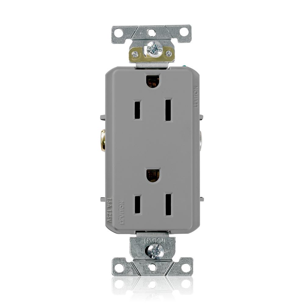 15 Amp, 125 Volt, Decora Plus Duplex Receptacle, Straight Blade, Commercial Grade, Self Grounding, Gray