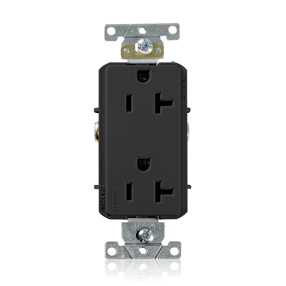 20 Amp, 125 Volt, NEMA 5-20R, 2P, 3W, Decora Plus Duplex Receptacle, Straight Blade, Commercial Grade, Self Grounding, , , Back & Side Wired, Steel Strap, - Black