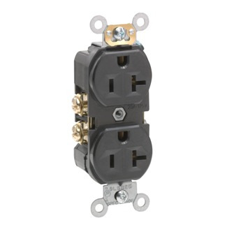 20 Amp, 125 Volt, Narrow Body Duplex Receptacle, Straight Blade, Commercial Grade, Self Grounding, Black
