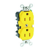15 Amp, 125 Volt, Wide Body Duplex Receptacle, Straight Blade, Industrial Grade, Self Grounding, Corrosion Resistant, Yellow