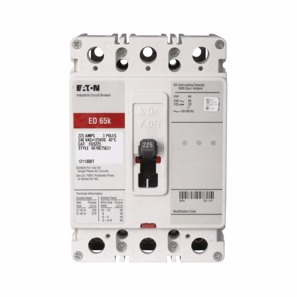 Eaton Series C complete molded case circuit breaker, F-frame, ED, Complete breaker, Fixed thermal, Fixed magnetic trip type, Three-pole, 100 A, 240 Vac, 125 Vdc, 65 kAIC at 240 Vac, Load side, 50/60 Hz