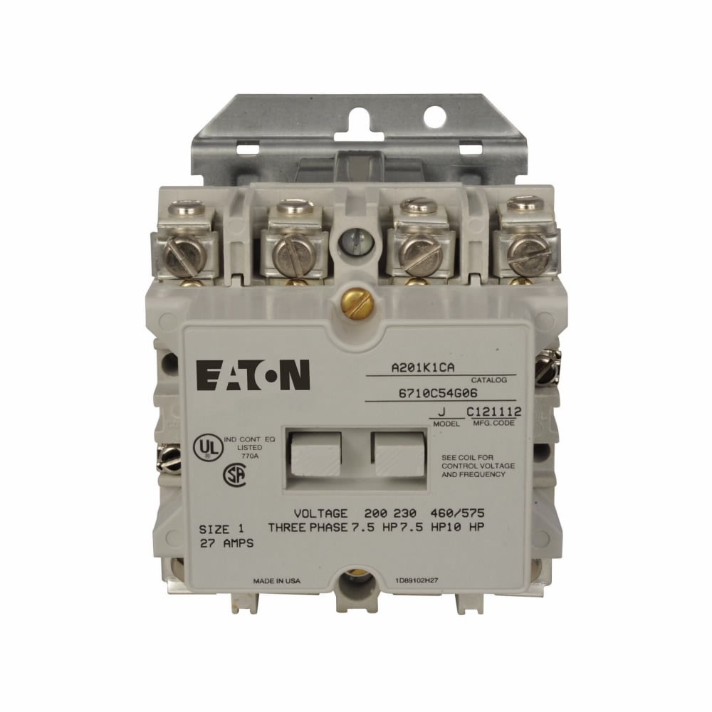 Eaton Freedom NEMA motor control contactor, Non-Reversing Front connected contactors, 27A, Front connected, Three-pole open, Size: 1, A200 series, 120V at 60 Hz, 110V at 50 Hz coil