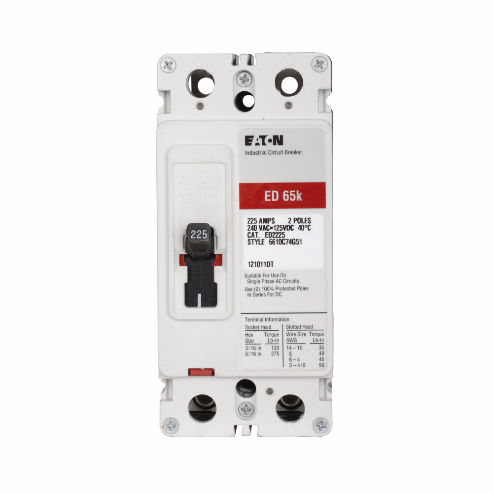 Eaton Series C complete molded case circuit breaker, F-frame, ED, Complete breaker, Fixed thermal, fixed magnetic trip type, Two-pole, 100A, 240 Vac, 125 Vdc, 65 kAIC at 240 Vac, Load side, 50/60 Hz