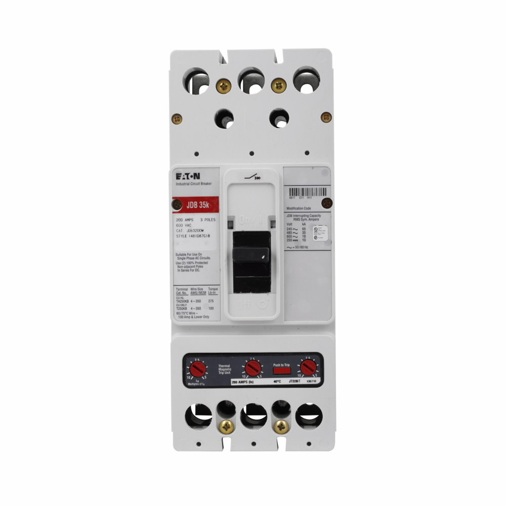 Eaton Series C complete molded case circuit breaker, Series C, J-frame molded case circuit breaker, Factory Sealed, 200 A, Three-pole, Without terminals, Non-interchangeable thermal magnetic trip, JDB breaker