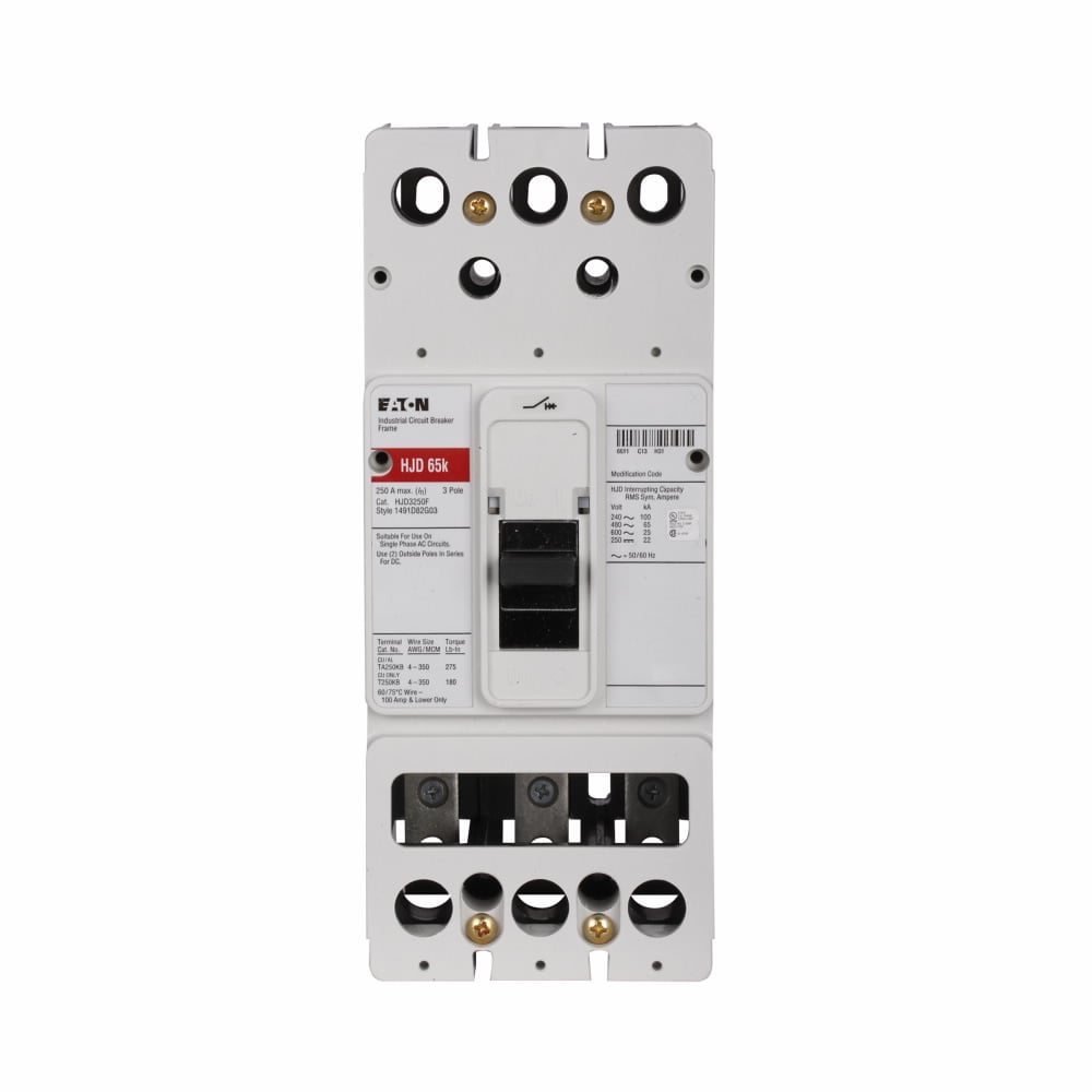 Eaton Series C molded case circuit breaker frame, J-frame molded case circuit breaker frame, 250 A, Three-pole, Non-interchangeable thermal magnetic trip, JD breaker