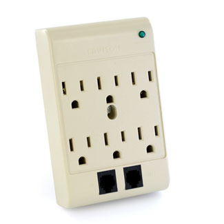 W/2 RJ11 540 Joules, Plastic Housing 120 Volt 15 Amp Surge Protected, 6-Outlet Surge Adapter, Beige