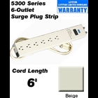 120 Volt, 15 Amp, Surge Protected, 6-Outlet Strip with Switch, Data Sensitive, 6 Feet Cord Length, Beige
