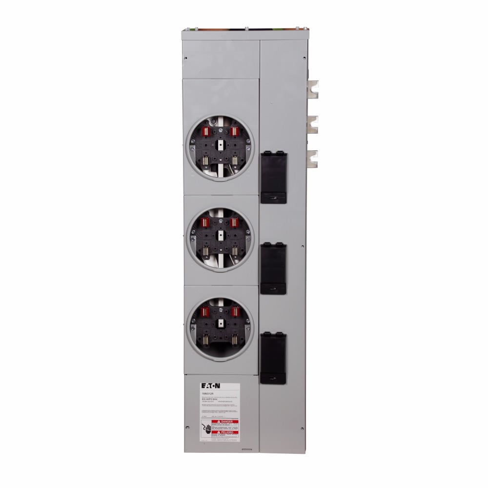 Eaton residential meter stack, Amperage rating: 125A, Bus rating: 800A, Indoor/Outdoor, Interrupt rating depends on selected main circuit breaker, Single-phase in/single-phase out, 3 Sockets, Aluminum, Ring, 120/240 Vac