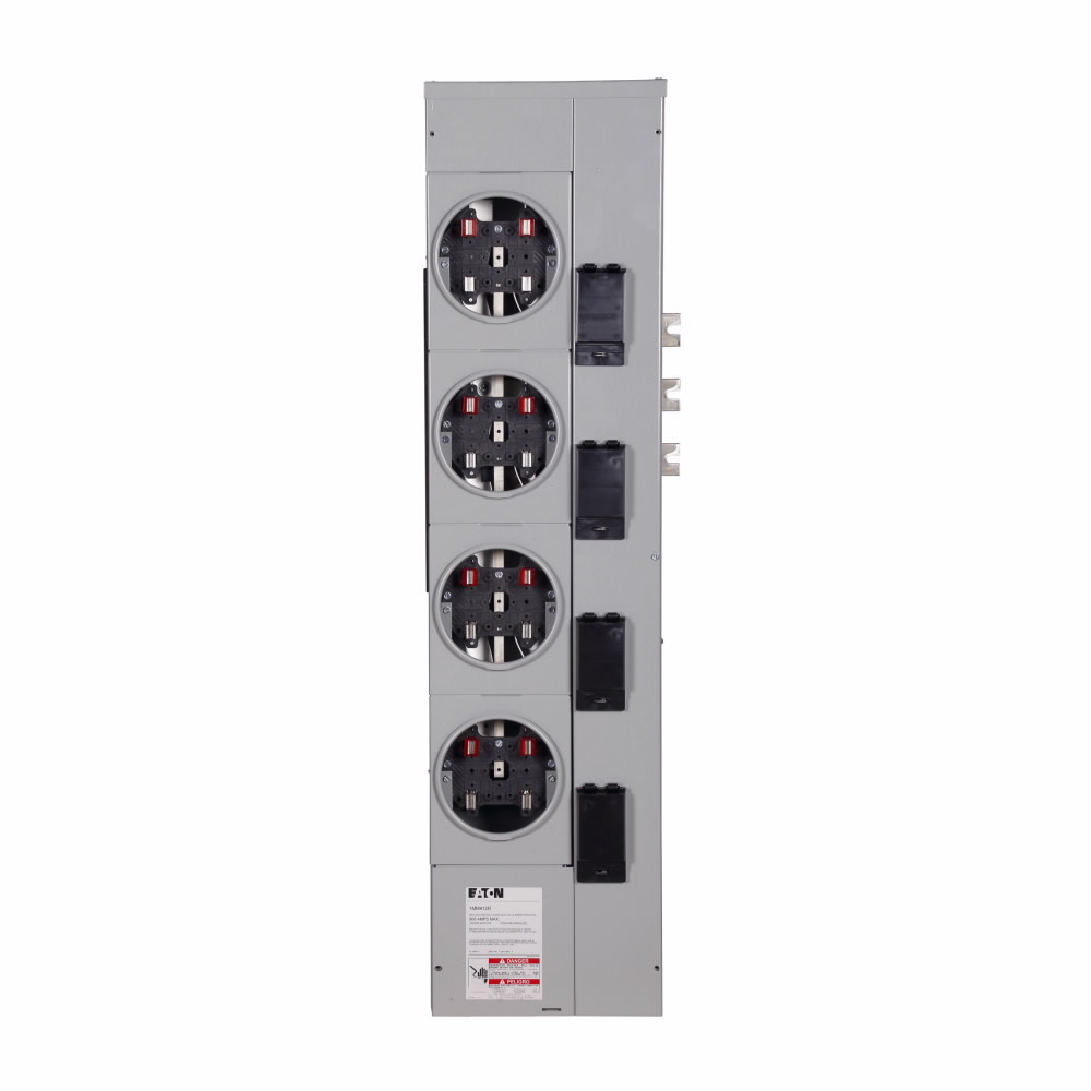 Eaton residential meter stack, Amperage rating: 125A, Bus rating: 800A, Indoor/Outdoor, Interrupt rating depends on selected main circuit breaker, Single-phase in/single-phase out, 4 Sockets, Aluminum, Ring, 120/240 Vac