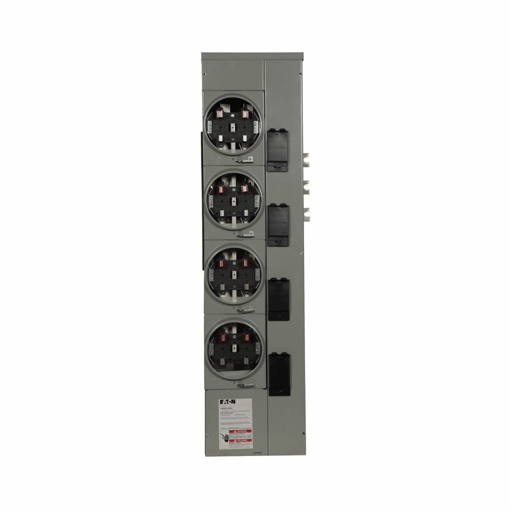 Eaton residential meter stack, Amperage rating: 125A, Bus rating: 800A, Outdoor, Interrupt rating depends on selected main circuit breaker, Single-phase in/single-phase out, 4 Sockets, Aluminum, Ringless, 120/240 Vac, 4-jaw