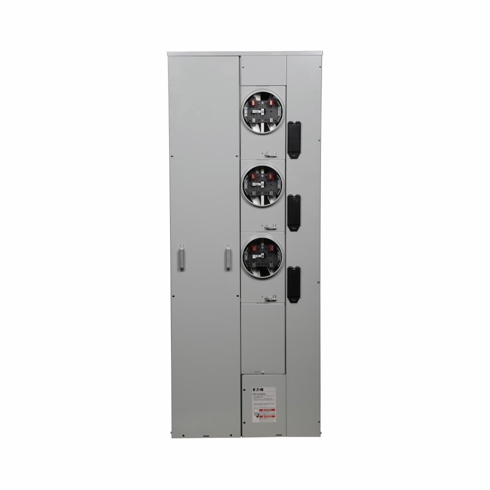 Eaton meter pack, Socket amperage: 200A, Amperage rating: 200A, Aluminum, Bus rating: 600A, No bypass, Indoor/outdoor, Up to 100 KAIC, 3 Sockets, Five-jaw, Single-phase in/single-phase out, Ringless, 120/240 Vac