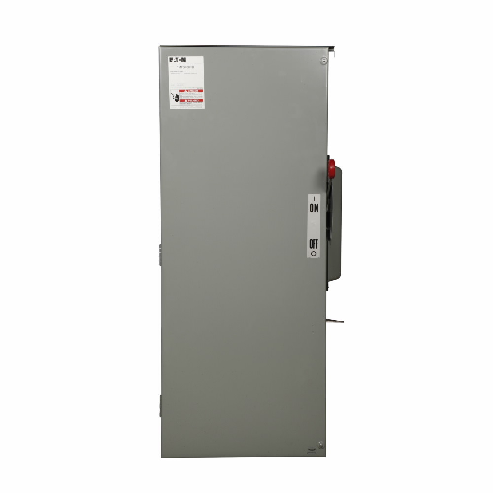 Eaton main fusible switch, 400A, Aluminum, NEMA 3R, Underground, Class T, 100 kAIC, (1) #750 kcmil, Three-wire, Single-phase, Barrier kits: 400A-800A fusible switches: Bottom feed-3MFSBBK, Top feed-3MFSTB, 120/240V, (2) #1/0 AWG-300 kcmil