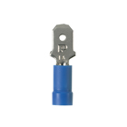 The vibration resistant male disconnect is made of copper and is nickel-plated. It is barrel insulated in blue vinyl housing. It has a tab size of 0.250 x 0.032" (6.3 x 0.8 mm) and supports a wire range of 16-14 AWG (1.5-2.5 mm?). It is 0.96" (24.4 mm) long and 0.25" (6.4 mm) wide. The disconnect has a funnel entry barrel configuration and a butted seam barrel. It comes in boxes of 1000.
