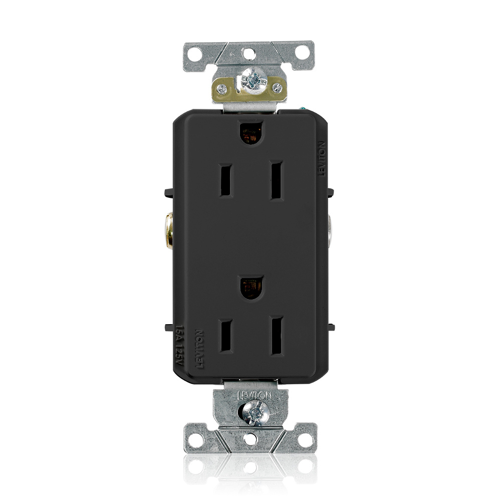 15 Amp, 125 Volt, NEMA 5-15R, 2P, 3W, Decora Plus Duplex Receptacle, Straight Blade, Commercial Grade, Self Grounding, , , Back & Side Wired, Steel Strap, - BLACK