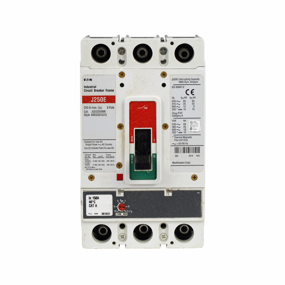 Eaton Series G molded case circuit breaker, JG-frame, JG, Fixed thermal, adjustable magnetic trip, Three-pole, 150 A, 600 Vac, 65 kAIC at 240 Vac, 25 kAIC at 480 Vac, 18 kAIC at 600 Vac, Line and load, Metric, 50/60 Hz, 80% rated