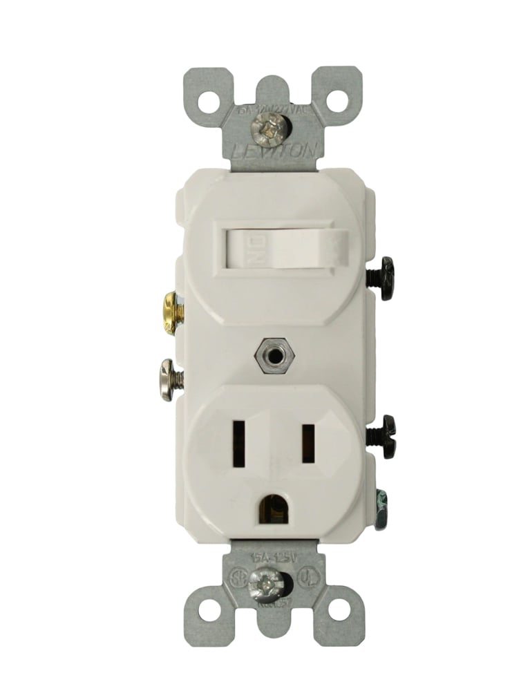 15A -120VAC Combination Switch And Receptacle. Single Pole And 3 Wire. Spec Grade. Side Wired. Ground Screw. Mounting Screws And Washers - White
