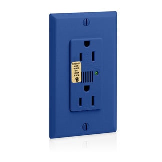15 Amp, 125 Volt, 20A feed through, NEMA 5-15R, 2P, 3W, Decora Plus Duplex Receptacle, Straight Blade, Industrial Grade, Self Grounding, Surge w/ Indicator Light & Audible Alarm, Back & Side Wired, Steel Strap, - Blue