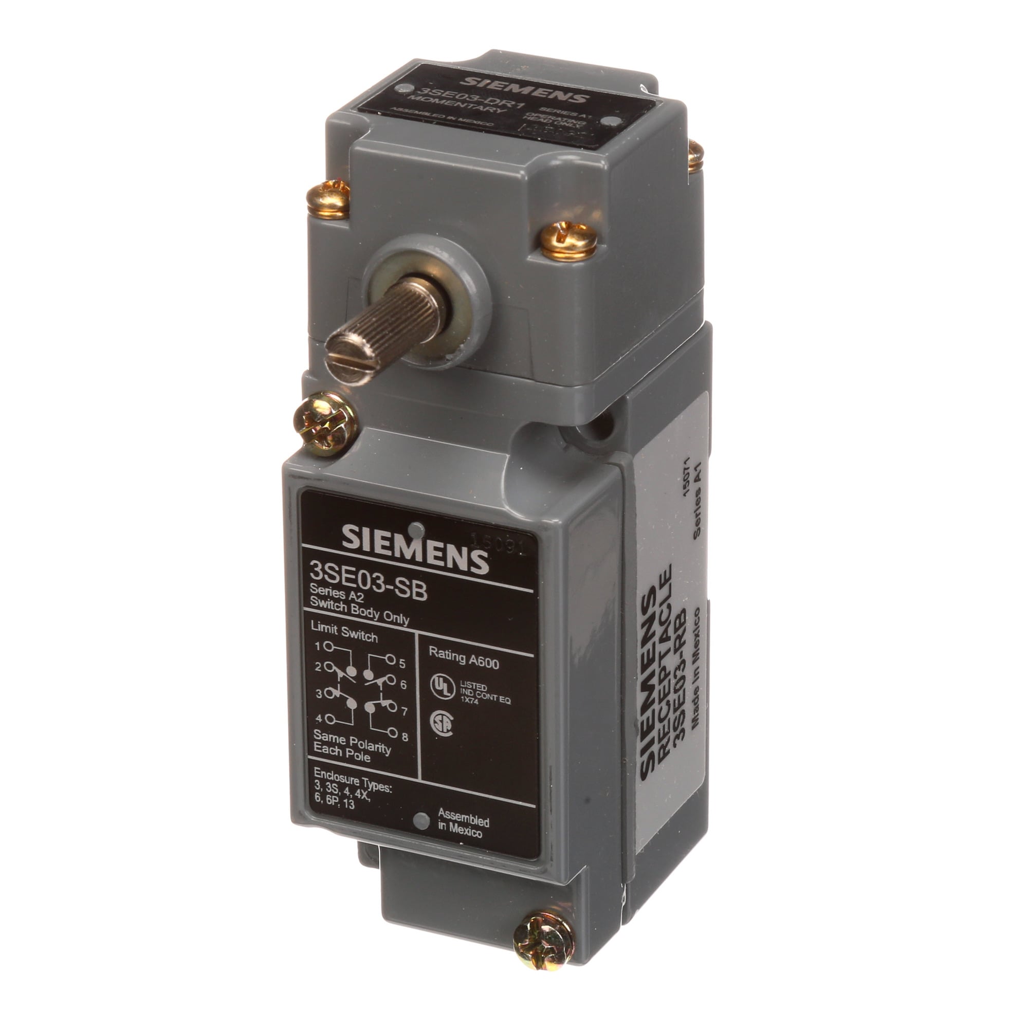 Limit Switch,Metal Modular Plug-in,Side Rotary Standard Maintained 2NO+2NC Snap-Action 1/2 - NPT Threaded Opening Operating Lever Purchased Separately