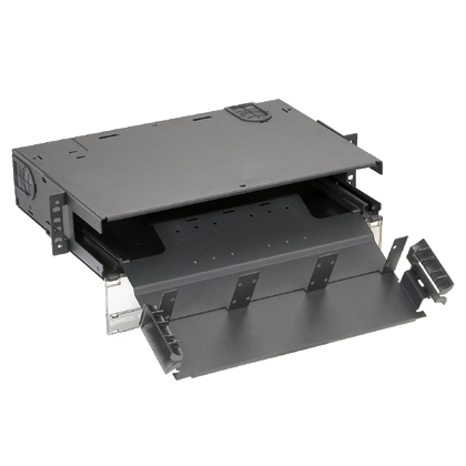 The Panduit? Opticom? 2 RU Rack Mount Fiber Enclosure has integral fiber management and can hold up to 6 FAPs for a maximum of 144 fibers.  It ensures network reliability by housing, organizing, managing and protecting fiber optic cable, terminations, splices, connectors and patch cords.  It is black powder coated steel.