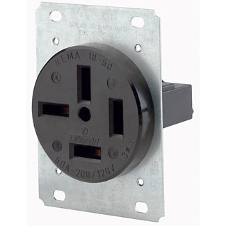 50-Amp, 120/208 Volt, Flush Mounting Receptacle, Straight Blade, Industrial Grade, Non-Grounding, Black