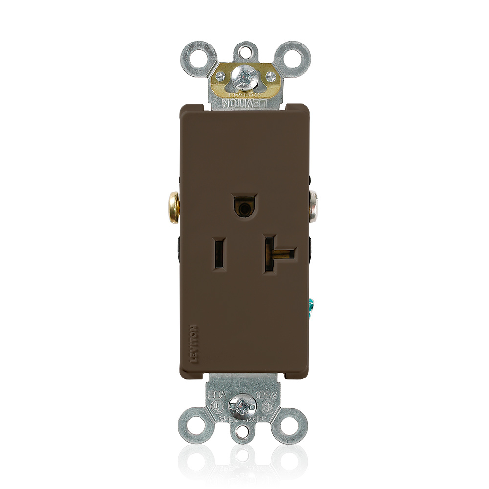 20 Amp, 125 Volt, NEMA 5-20R, 2P, 3W, Decora Plus Single Receptacle, Straight Blade, Commercial Grade, Self-Grounding, , , Back & Side Wired, Steel Strap, - Brown