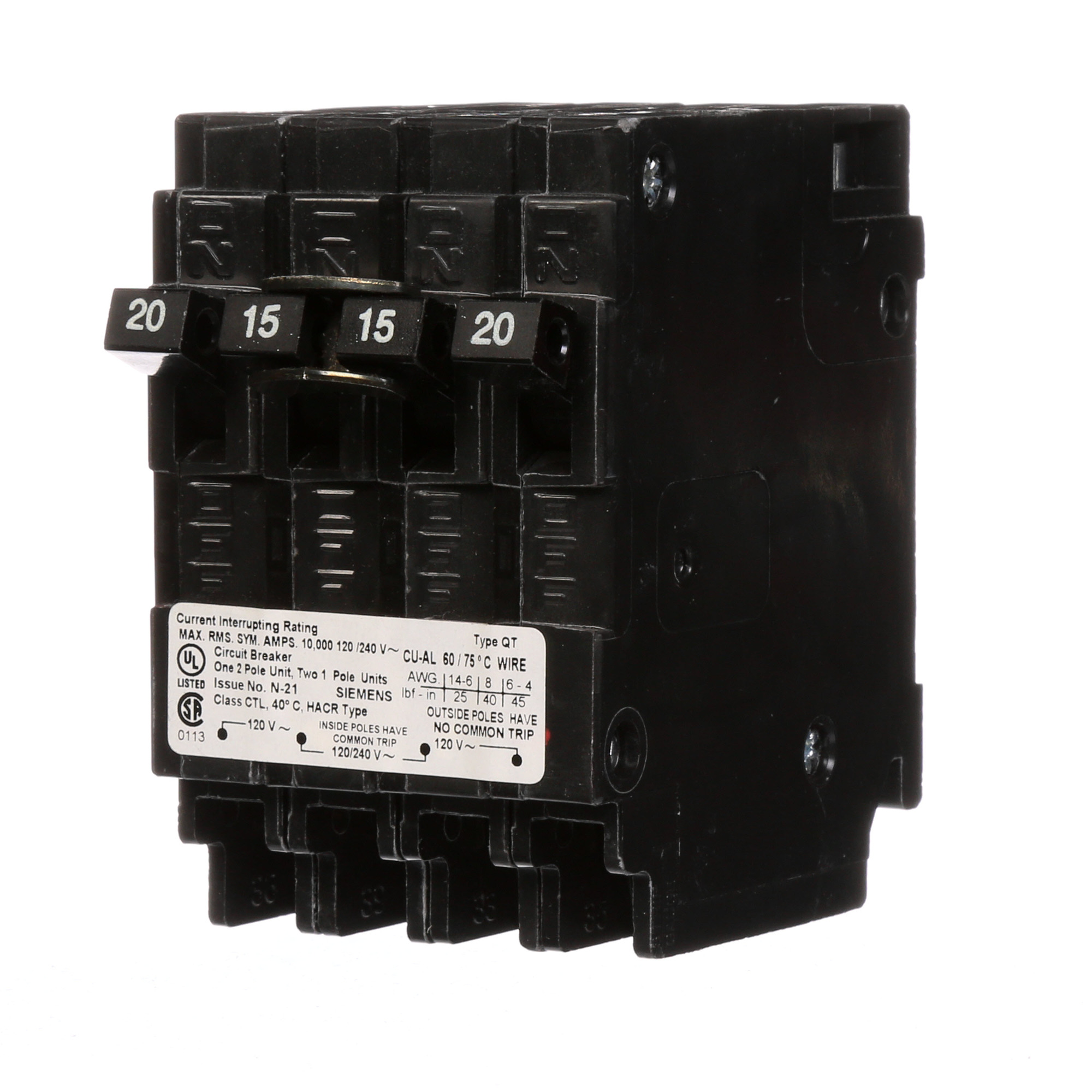  Low Voltage Residential Circuit Breakers Miniature Thermal Mag Circuit Breakers - Duplex, Triplex, Quadplex are Circuit Protection Load Center Mains, Feeders, and Miniature Circuit Breakers. Type QT Application Electrical Distribution Standard UL 489 Voltage Rating 120/240V Amperage Rating 20-15A Trip Range Thermal Magnetic Interrupt Rating 10 AIC Number Of Poles Two single poles and one double pole