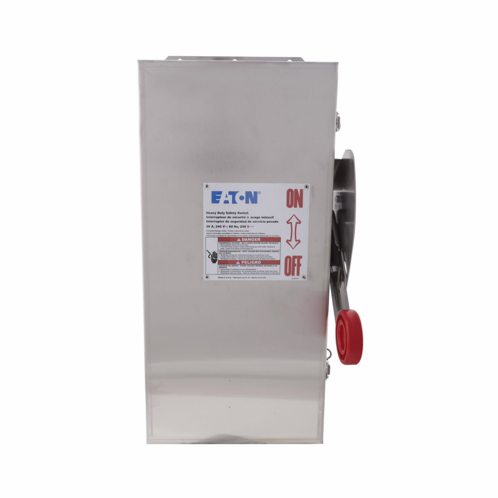 Eaton Heavy duty single-throw fused safety switch, Corrosion resistant, 30 A, NEMA 4X, Grade 316 stainless steel, neutral, Two-pole, Three-wire, 240 V, Max Hp: 1.5, 3 hp/3, 7.5 hp/5 hp (1,3PH @ Std fuse/time delay/250 Vdc), #14-#2 Cu/Al