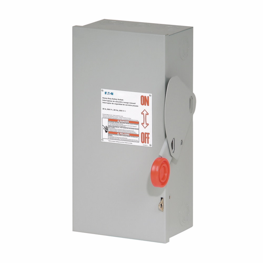 Eaton Heavy duty single-throw fused safety switch, 30 A, NEMA 1, Painted steel, Class H, Fusible with neutral, Three-pole, Four-wire, 600 V, Max Hp: 7.5, 10/ 15, 20 hp (1/3PH @480, 600 V), #14-#2 Cu/Al