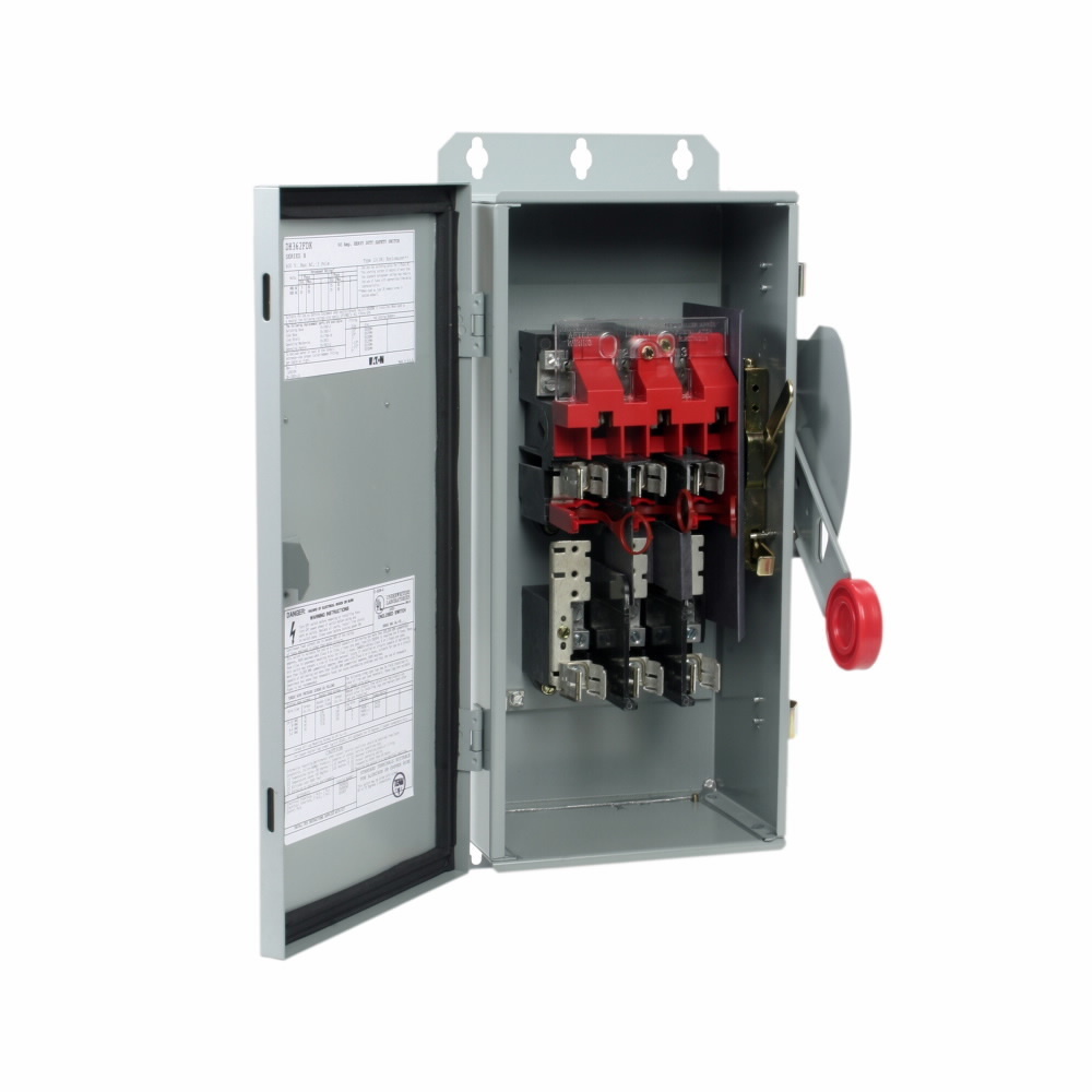 Eaton Heavy duty single-throw fused safety switch, Mill-duty, 30 A, NEMA 12/3R, Painted galvanized steel, Class H, Fusible without neutral, Two-pole, Two-wire, 600 V, Max Hp: 7.5, 10 hp/15 hp (1PH @480,600 V TD/600 Vdc), #14-#2 Cu/Al