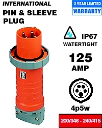 125 Amp, 200/346-240/415 Volt, IEC 309-1 & 309-2, 4P, 5W, International-Rated Pin & Sleeve Plug, Industrial Grade, IP67, Watertight - Red