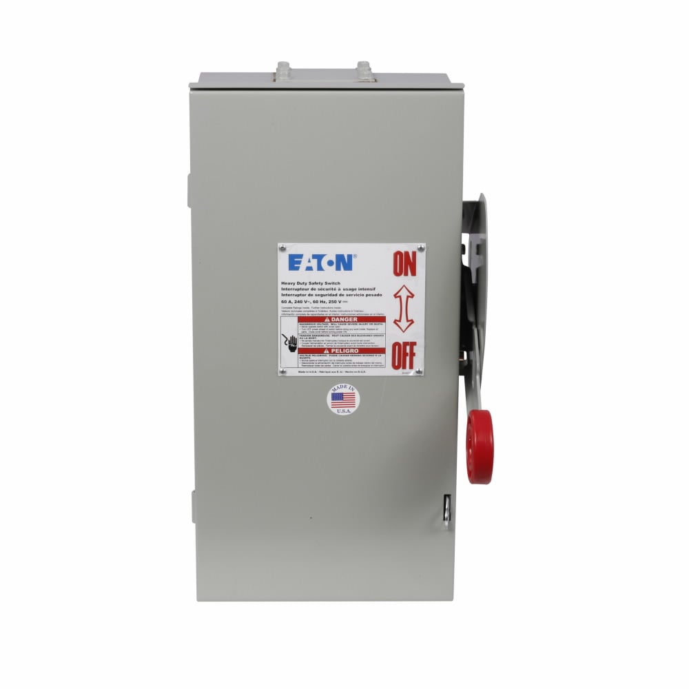 Eaton Heavy duty single-throw fused safety switch, 60 A, NEMA 3R, Painted galvanized steel, Neutral, Two-pole, Three-wire, 240 V, Max Hp: 3, 7.5 hp/10, 15 hp/10 hp (1,3PH @ Std fuse/time delay/250 Vdc), #14-#2 Cu/Al