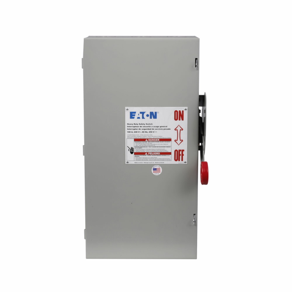 Eaton enhanced visible blade single-throw fused safety switch, 100 A, NEMA 1, Painted steel, Class H, Fusible without neutral, Three-pole, Three-wire, 240 V, Max Hp: 7.5, 15/ 15, 30/ 20 hp (1,3PH @Std/TD/250 Vdc), #14-#1/0 Cu/Al