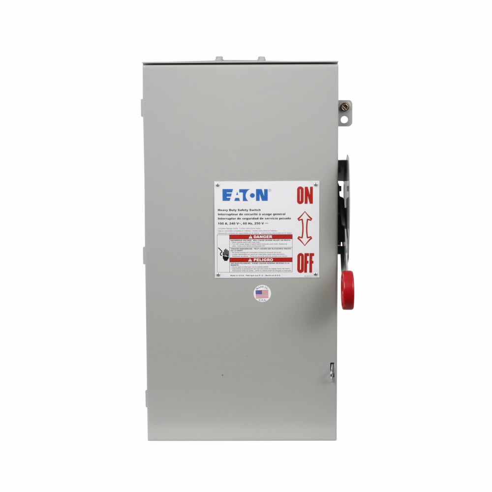 Eaton Enhanced visible blade single-throw safety switch, 100 A, NEMA 3R, Painted galvanized steel, Class H, Fusible with neutral, Three-pole, Four-wire, 240 V, Max Hp: 7.5, 15/ 15, 30/ 20 hp (1,3PH @Std/TD/250 Vdc), #14-#1/0 Cu/Al