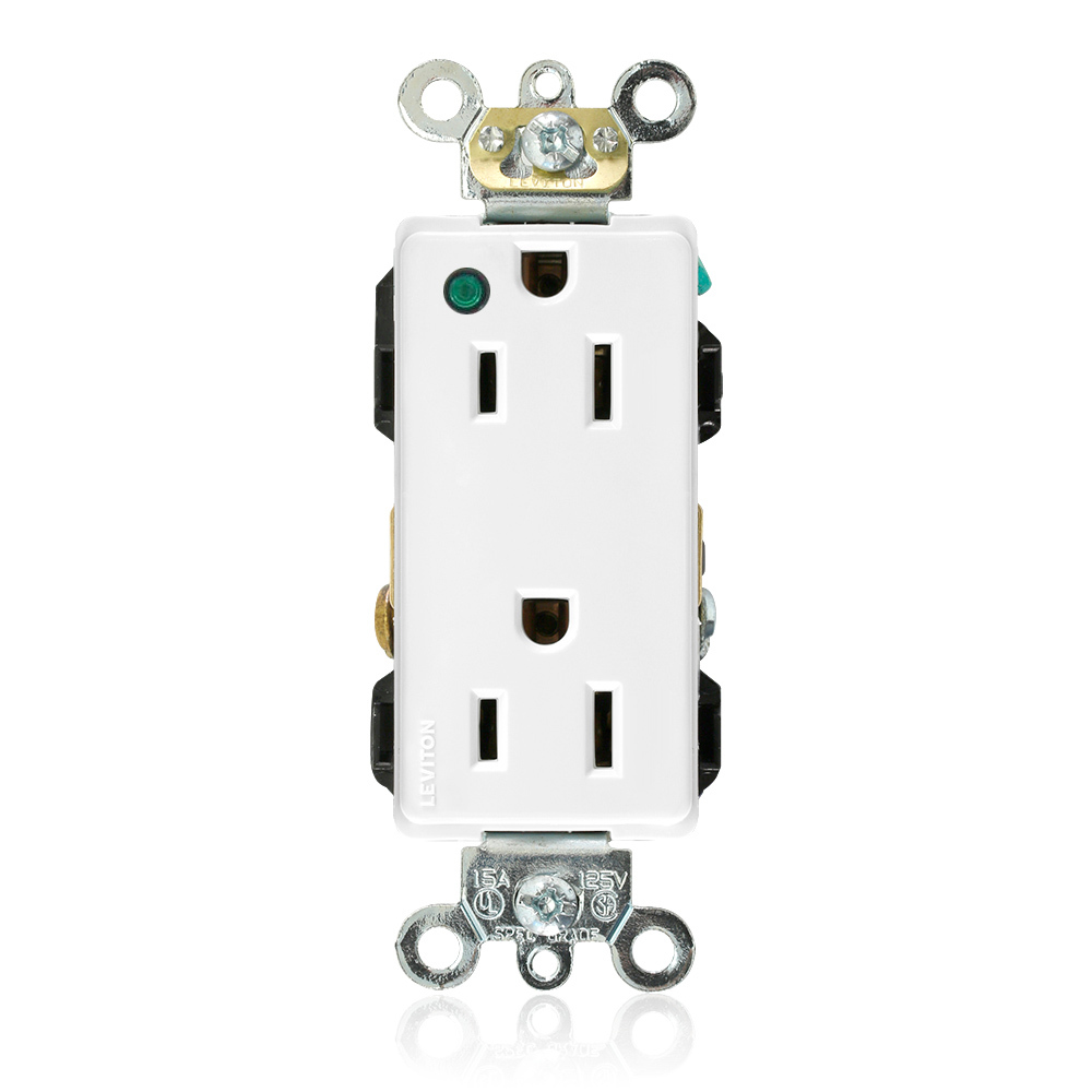 15 Amp, 125 Volt, Decora Plus Duplex Receptacle, Power Indication, Straight Blade, Hospital Grade, Self Grounding, White