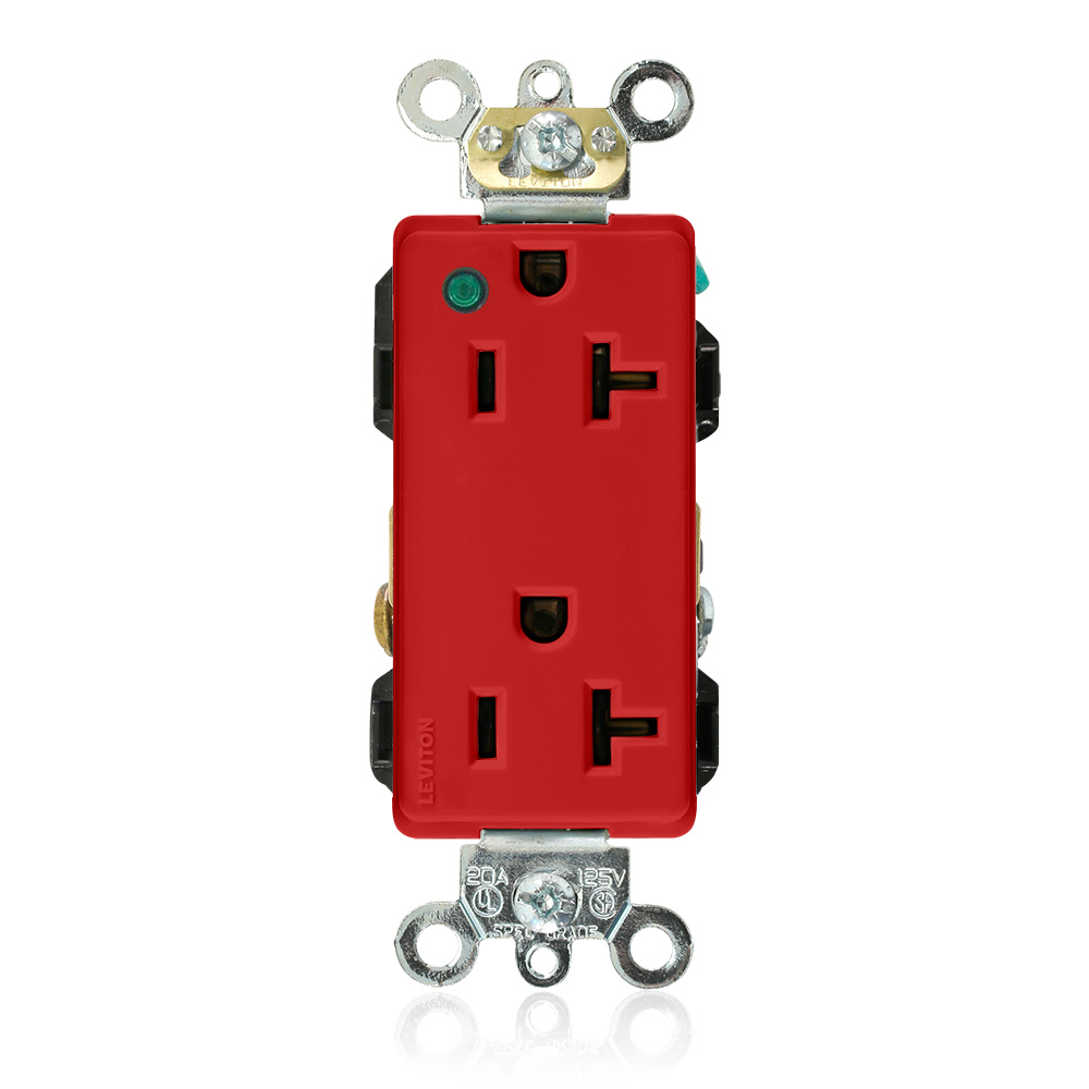 20-Amp, 125 Volt, Decora Plus Duplex Receptacle, Straight Blade, Hospital Grade, Self Grounding, Power Indication, Red