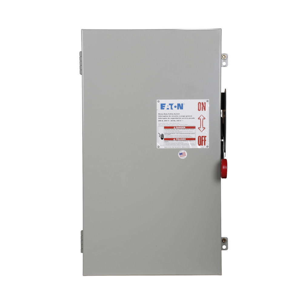Eaton Heavy duty single-throw fused safety switch, 200 A, NEMA 1, Painted steel, Class H, Fusible without neutral, Two-pole, Two-wire, 600 V, Max Hp: 50, 50 hp/50 hp (1PH @480,600 V TD/600 Vdc), #6-250 kcmil Cu/Al