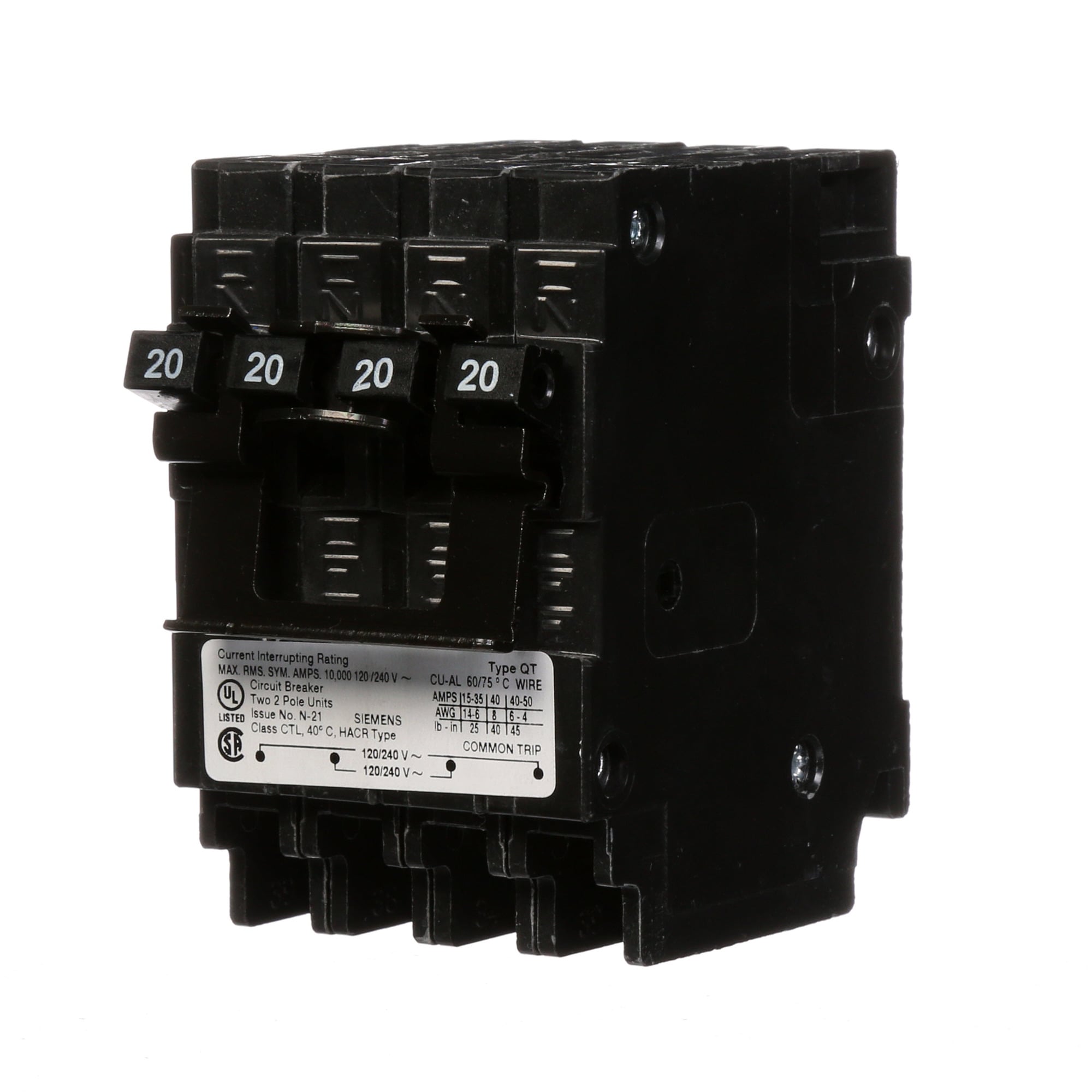  Low Voltage Residential Circuit Breakers Miniature Thermal Mag Circuit Breakers - Duplex, Triplex, Quadplex are Circuit Protection Load Center Mains, Feeders, and Miniature Circuit Breakers. Type QT Application Electrical Distribution Standard UL 489 Voltage Rating 120/240V Amperage Rating 20-20A Trip Range Thermal Magnetic Interrupt Rating 10 AIC Number Of Poles 2P