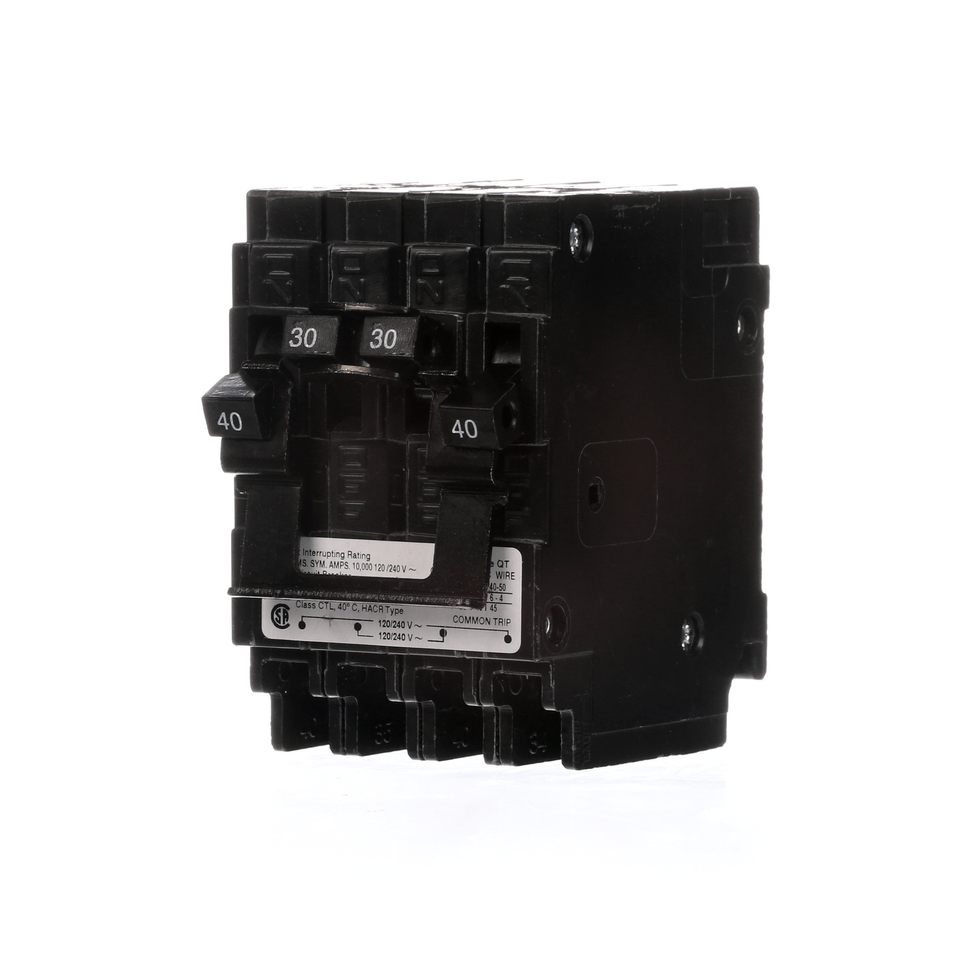  Low Voltage Residential Circuit Breakers Miniature Thermal Mag Circuit Breakers - Duplex, Triplex, Quadplex are Circuit Protection Load Center Mains, Feeders, and Miniature Circuit Breakers. Type QT Application Electrical Distribution Standard UL 489 Voltage Rating 120/240V Amperage Rating 40-30A Trip Range Thermal Magnetic Interrupt Rating 10 AIC Number Of Poles 2P