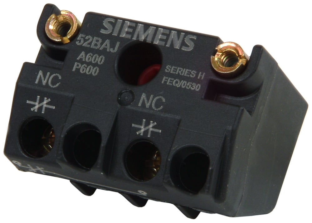 Accessory for CL51, CL52, 30mm Contact Block 1 N.C. Contact Meets IEC Standard 947-5-1-3 for Direct Opening Functionality. N.C. Contacts are Positively Driven Heavy Duty NEMA A600/P600 Screw-Terminals Touchsafe Design UL Listed, CSA Certified