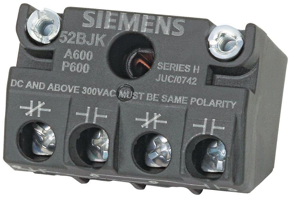 Accessory for CL51, CL52, 30mm Contact Block 1 N.O. - 1 N.C. Contact Meets IEC Standard 947-5-1-3 for Direct Opening Functionality. N.C. Contacts are Positively Driven Heavy Duty NEMA A600/P600 Screw-Terminals Touchsafe Design UL Listed, CSA Certified