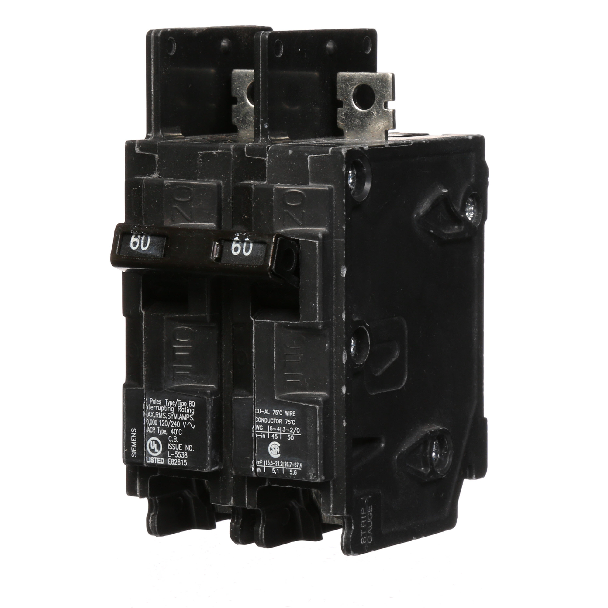  Low Voltage Molded Case Circuit Breakers General Purpose MCCBs - Type BQ, 2-Pole, 120/240VAC are Circuit Protection Molded Case Circuit Breakers. 2-Pole Common-Trip circuit breaker type BQ. Rated 120/240V (060A) (AIR 10 kA). Special features Load side lugs are included.