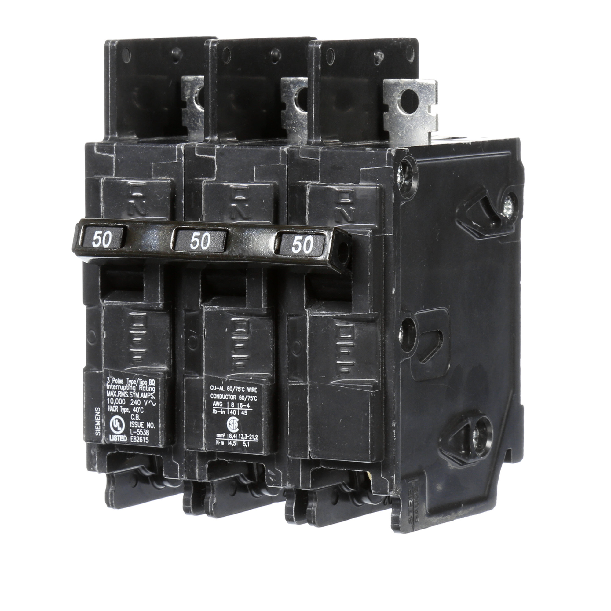  Low Voltage Molded Case Circuit Breakers General Purpose MCCBs are Circuit Protection Molded Case Circuit Breakers. 3-Pole Common-Trip circuit breaker type BQ. Rated 240V (050A) (AIR 10 kA). Special features Load side lugs are included.