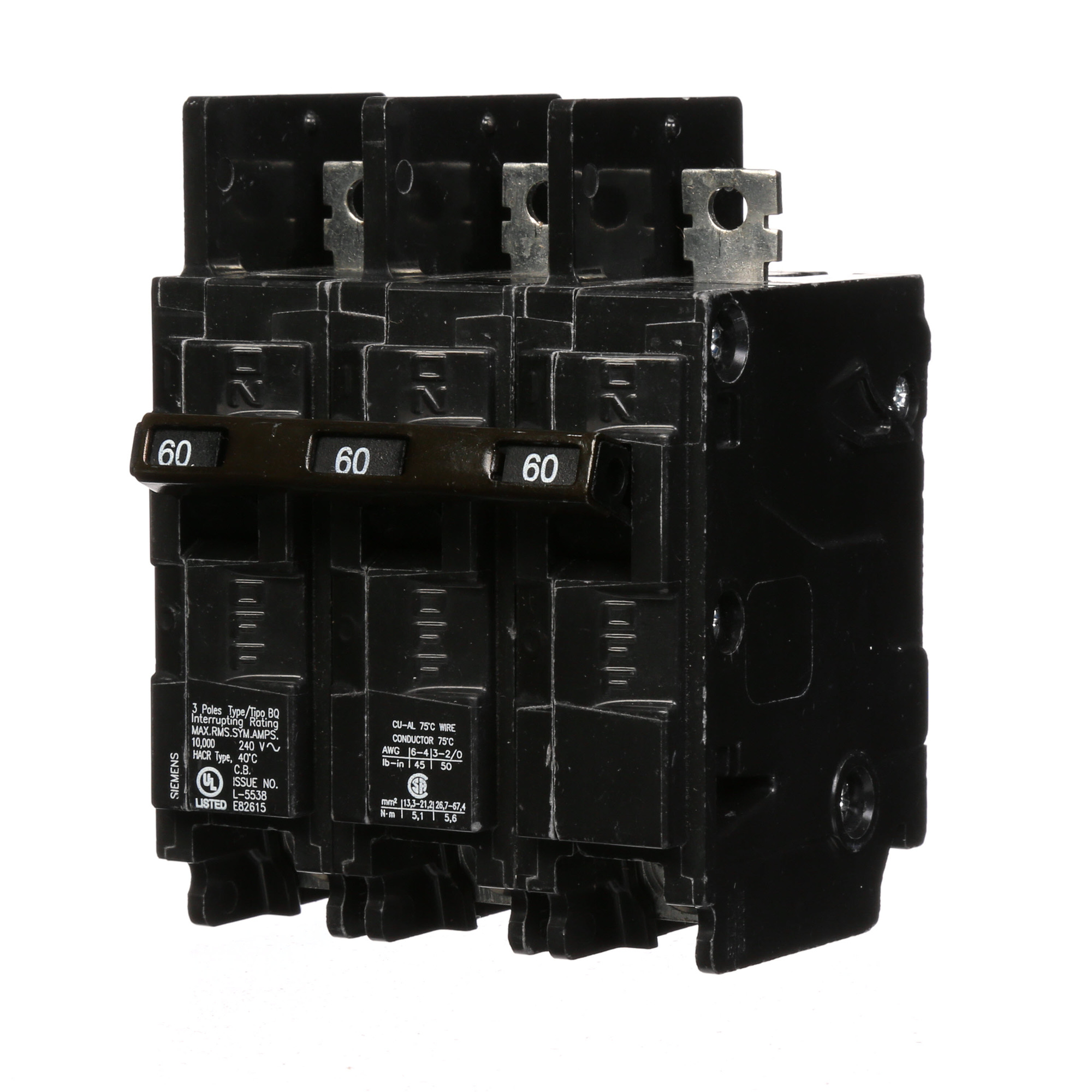  Low Voltage Molded Case Circuit Breakers General Purpose MCCBs are Circuit Protection Molded Case Circuit Breakers. 3-Pole Common-Trip circuit breaker type BQ. Rated 240V (060A) (AIR 10 kA). Special features Load side lugs are included.