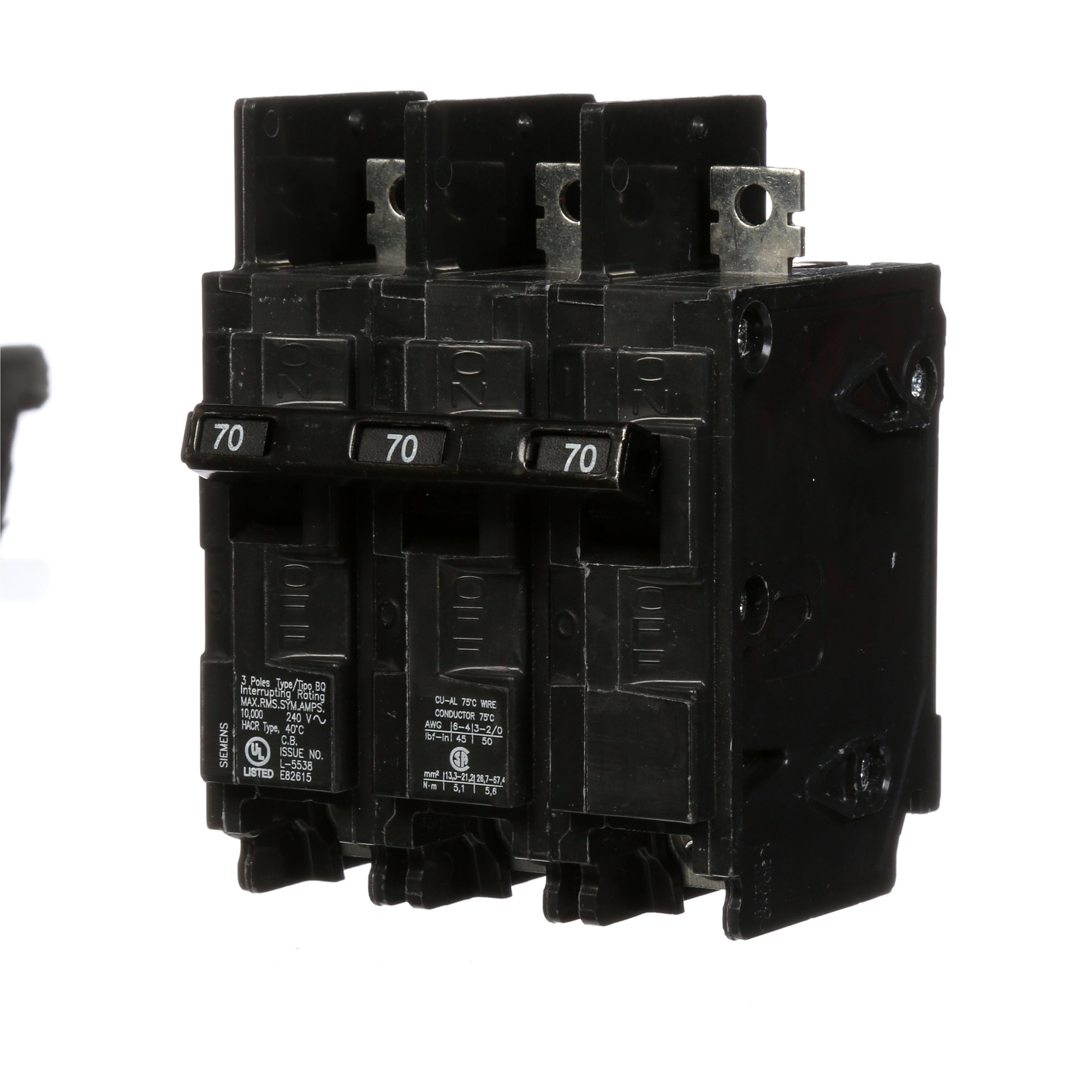  Low Voltage Molded Case Circuit Breakers General Purpose MCCBs are Circuit Protection Molded Case Circuit Breakers. 3-Pole Common-Trip circuit breaker type BQ. Rated 240V (070A) (AIR 10 kA). Special features Load side lugs are included.