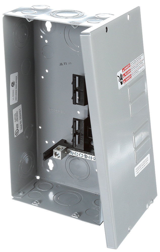  Low Voltage Residential Specialty Load Centers Small Circuit (2-10). Type Series EQ, Main Lug Features Temperature Rating 60/75 DEG C Bus Bar Type Cu Appn Service Eentrance Equipment Std UL Listed V. Rating 120/240 A. Rating 125 Phase 1 Wiring Conf 3-Wire SN Bus Rating 125 Interrupt Rating 100 Circuit Breaker Type QP, QPH, HQP No. Of Spaces 2 No. Of Feeders 4 Size (H x W x D) 7-1/8 X 4-1/4 X 17-1/8
