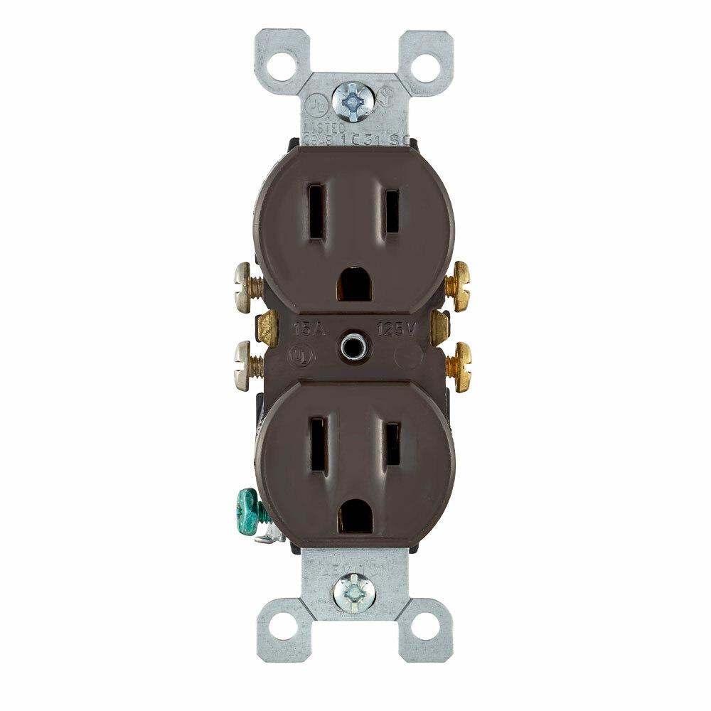 15 Amp, 125 Volt, Without Ears, Duplex Receptacle, Residential Grade, Grounding, All Screws Backed Out, Brown